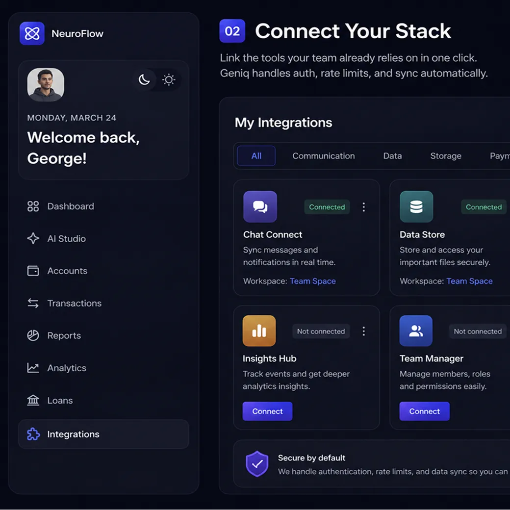 NeuroFlow dashboard "Connect Your Stack" integrations panel showing four app cards — Chat Connect and Data Store marked as Connected, Insights Hub and Team Manager with Connect buttons — alongside a sidebar navigation menu.