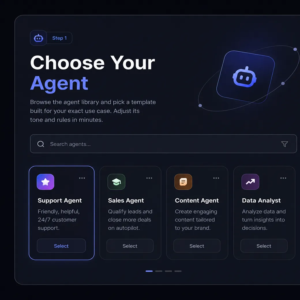 onboarding screen titled "Choose Your Agent" showing a search bar and four selectable AI agent template cards — Support Agent, Sales Agent, Content Agent, and Data Analyst — each with an icon and short description.
