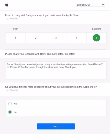 Apple’s Voice of Customer example, survey
