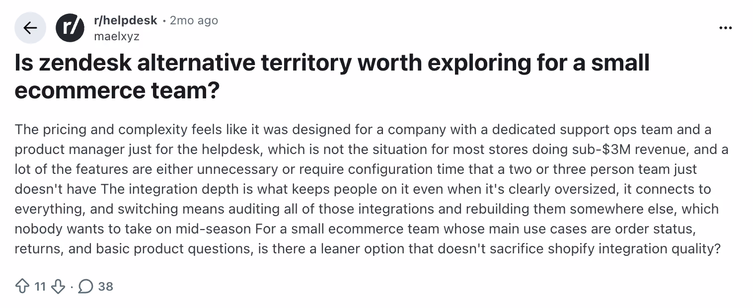 second reddit snapshot Zendesk review (helpdesk thread comment)