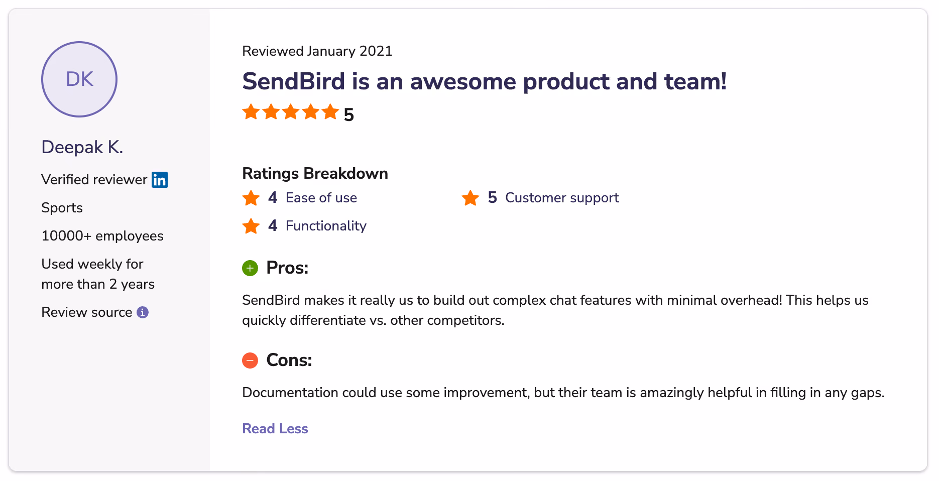 softwareadvice sendbird review snapshot
