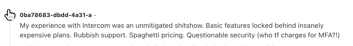 reddit snapshot negative comment about Intercom