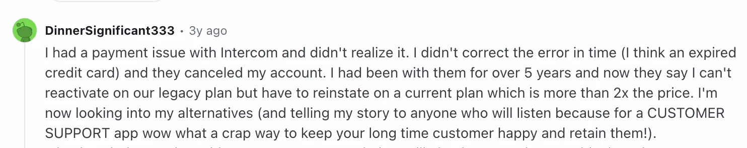 reddit snapshot of Intercom support experience review