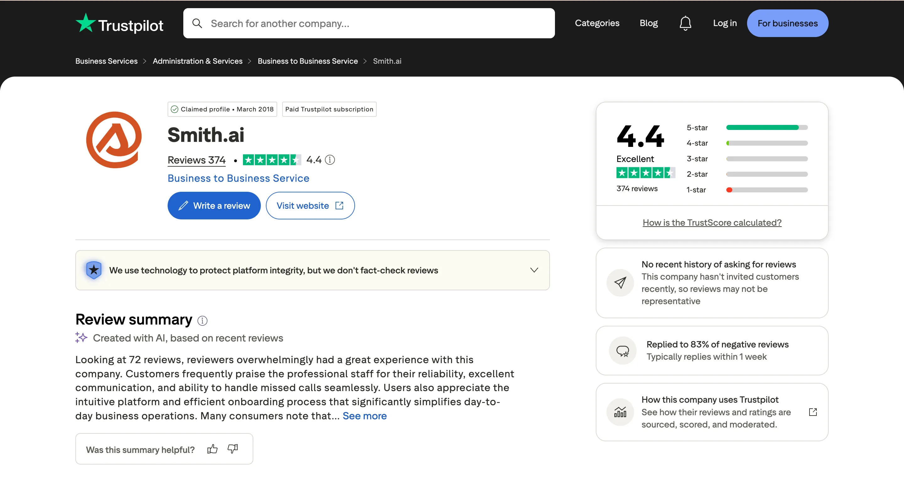 Smith.ai rating on Trustpilot
