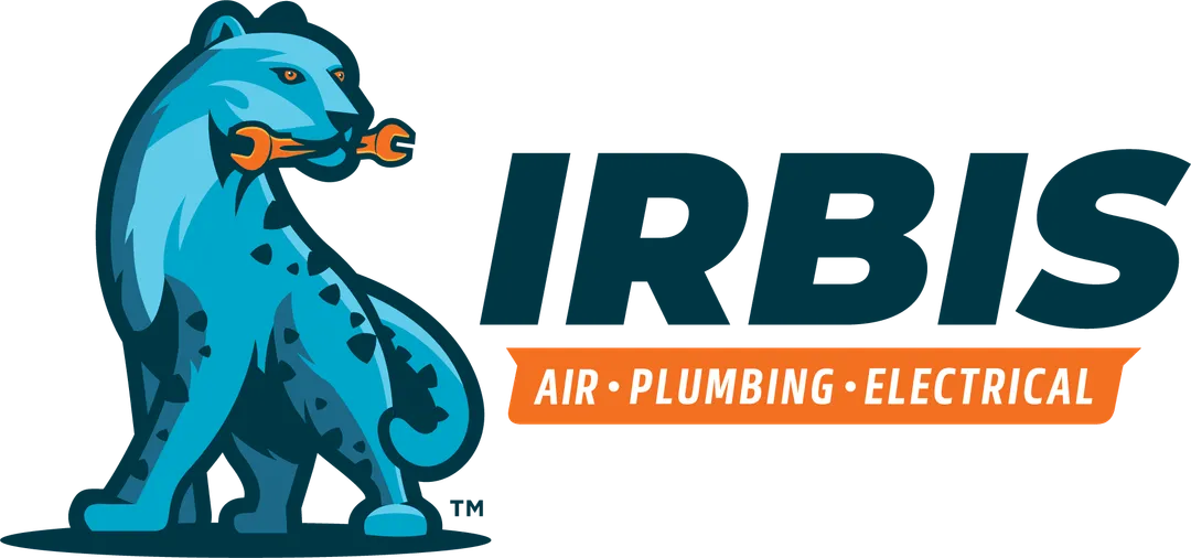 Blue stylized snow leopard holding an orange wrench in its mouth next to bold text IRBIS and an orange banner reading Air, Plumbing, Electrical.