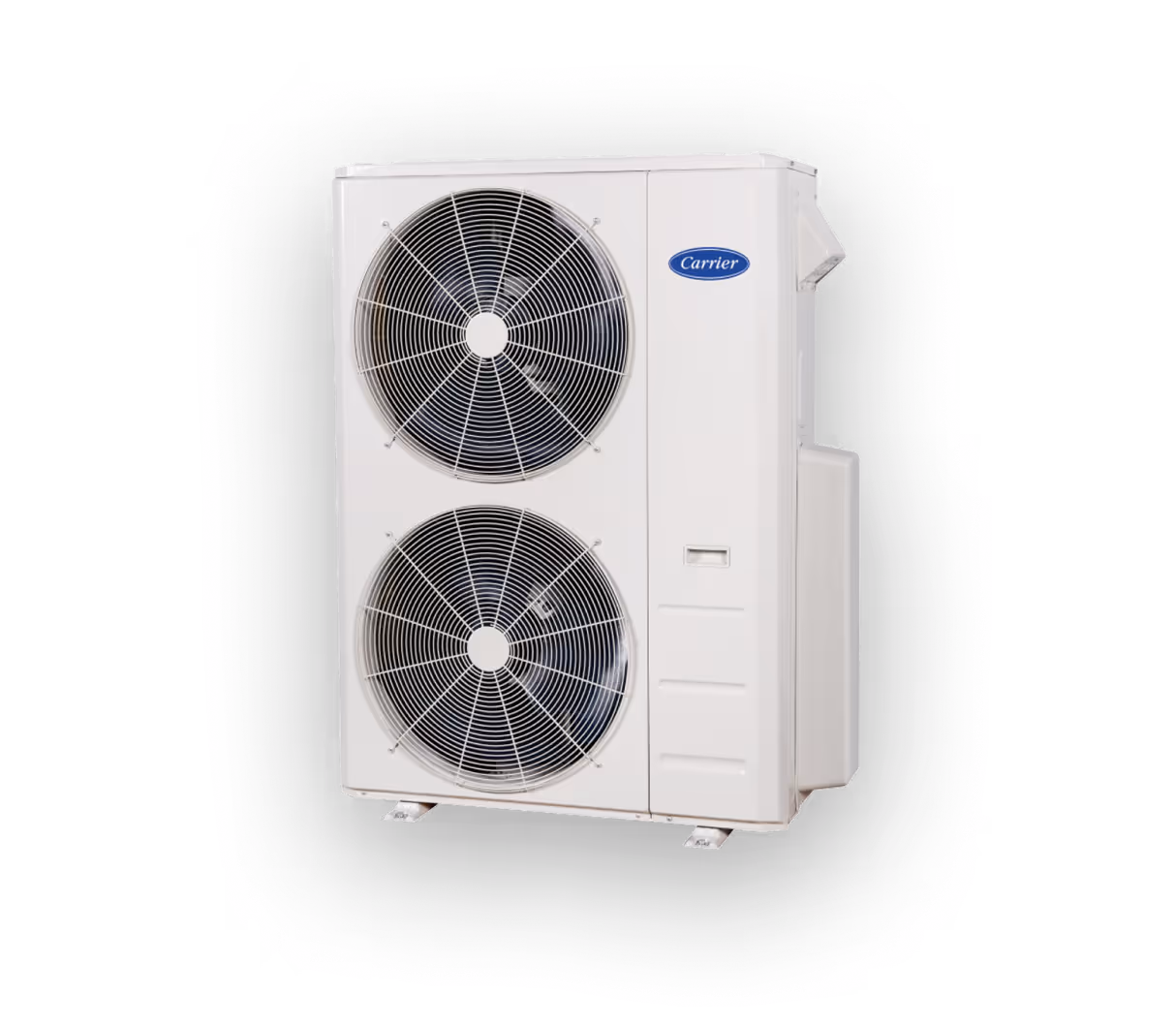 White Carrier outdoor air source heat pump unit with two large fans.