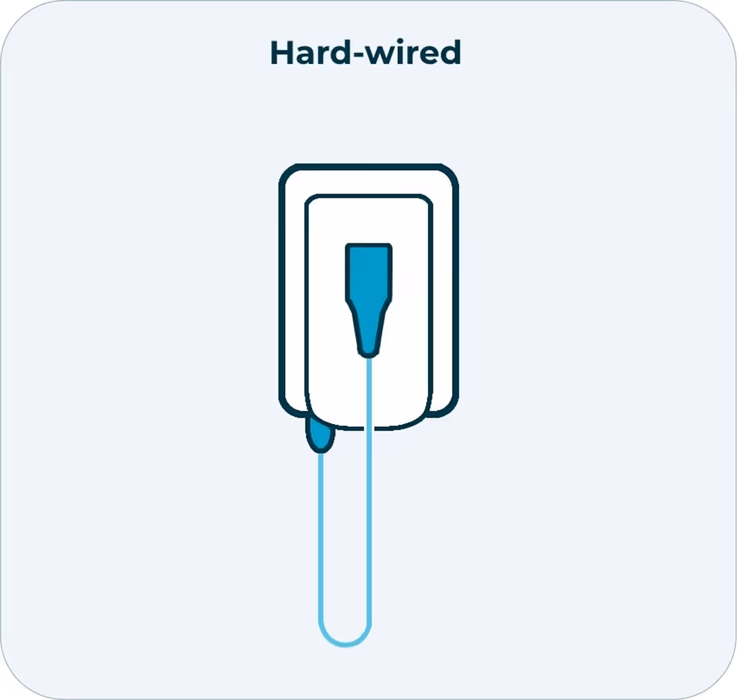 Illustration of a hard-wired electrical plug connected to a wall socket.