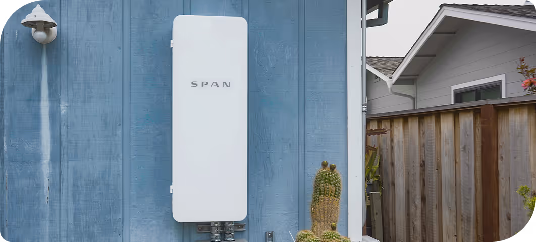 White Span electrical panel mounted on a blue exterior wall next to a light fixture and a tall cactus plant, with a wooden fence and house in the background.