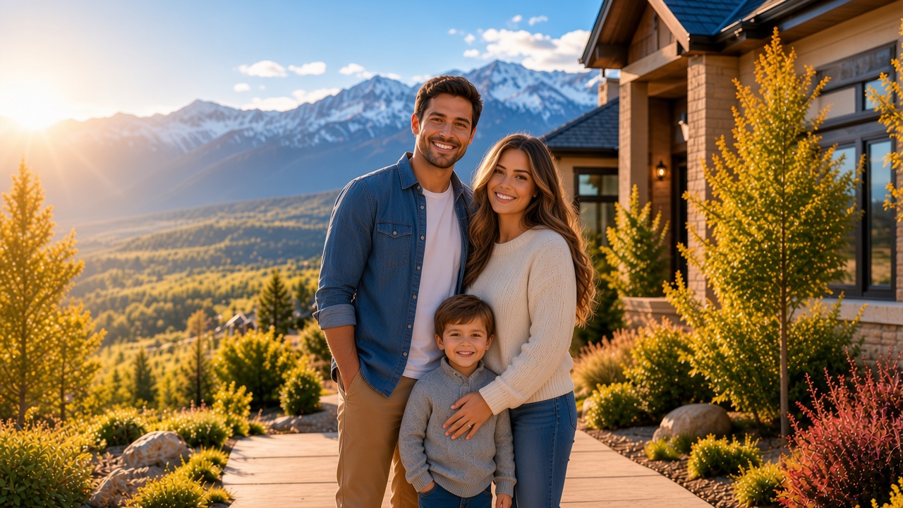 Colorado family looking toward the camera outside their home