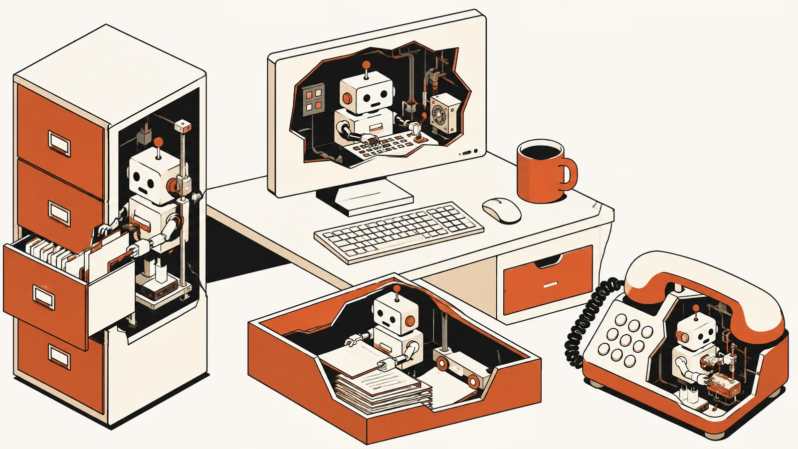 Illustratie van een kantoor in doorsnede, met kleine robots die onopgemerkt in de computer, het archiefkastje en de telefoon werken