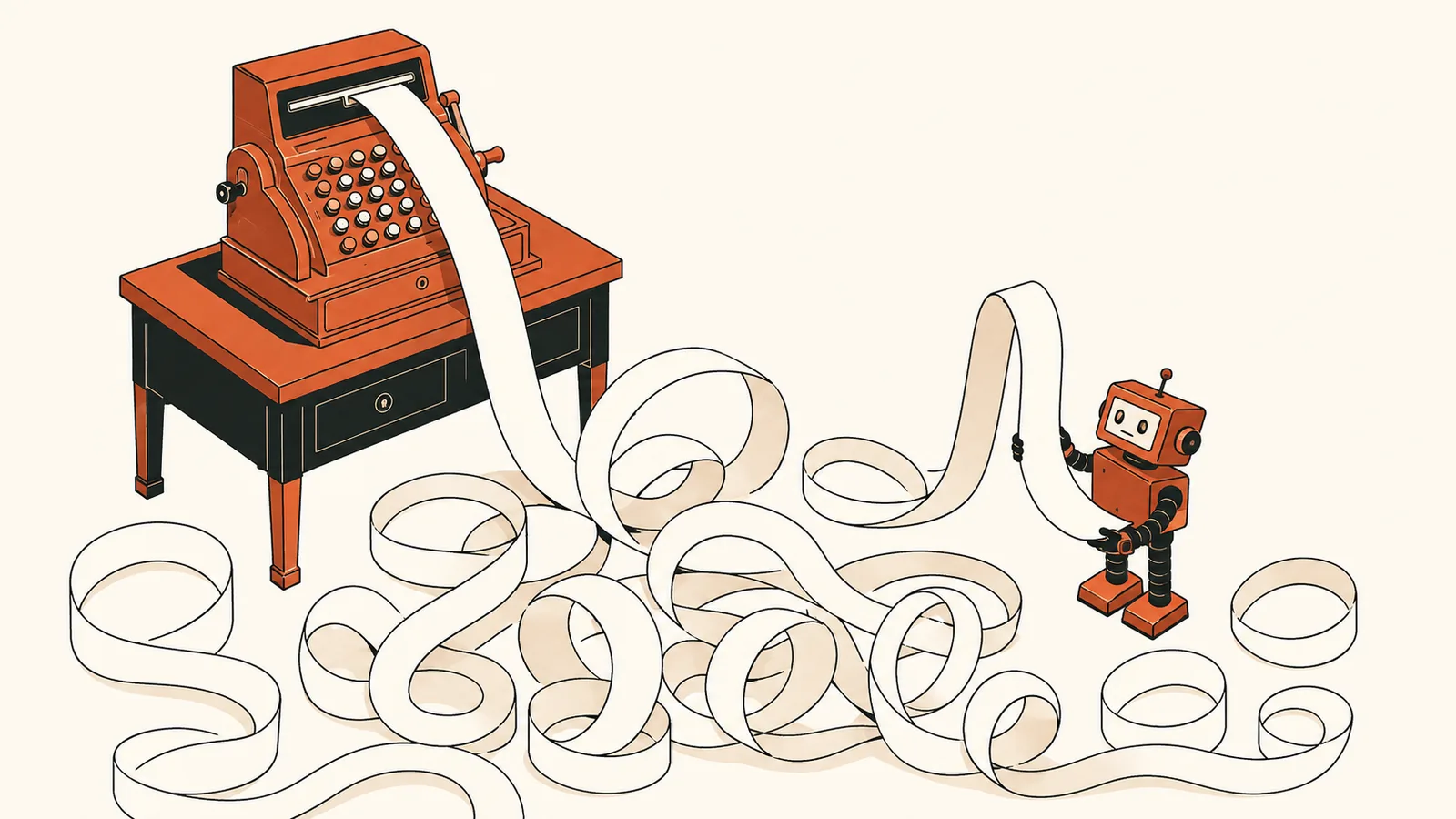 Illustratie van een oude kassa met een eindeloze kassabon die over de vloer krult, en een kleine robot die er verbaasd naar kijkt