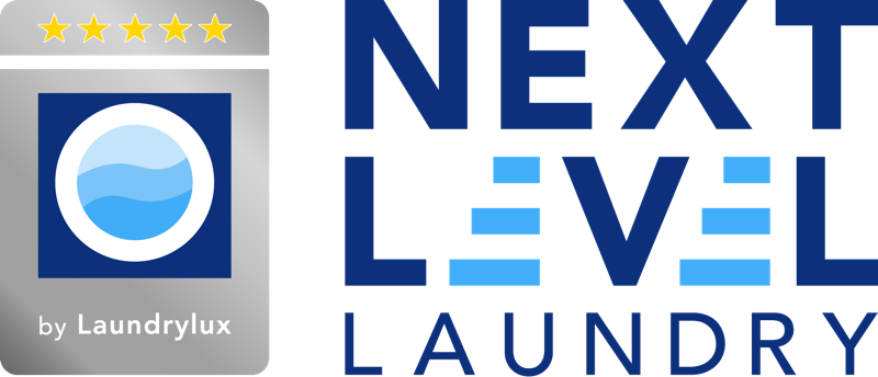 Laundrylux logo with five gold stars next to bold Next Level Laundry text in blue shades.