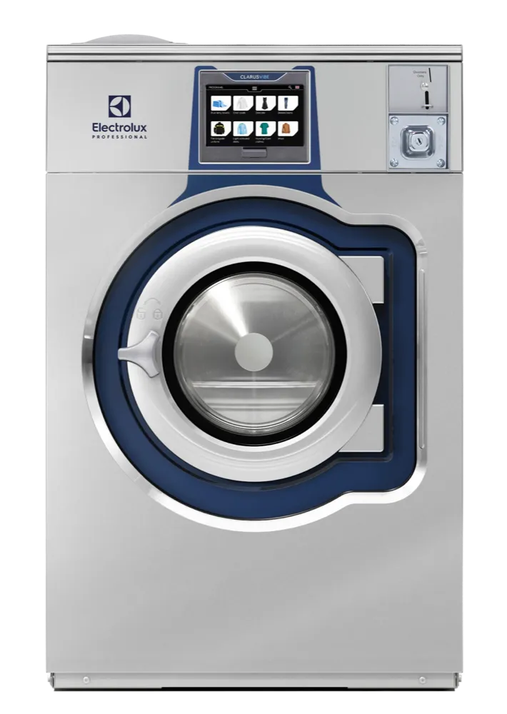 Front-load Electrolux Professional washing machine with a digital touchscreen and coin slot.