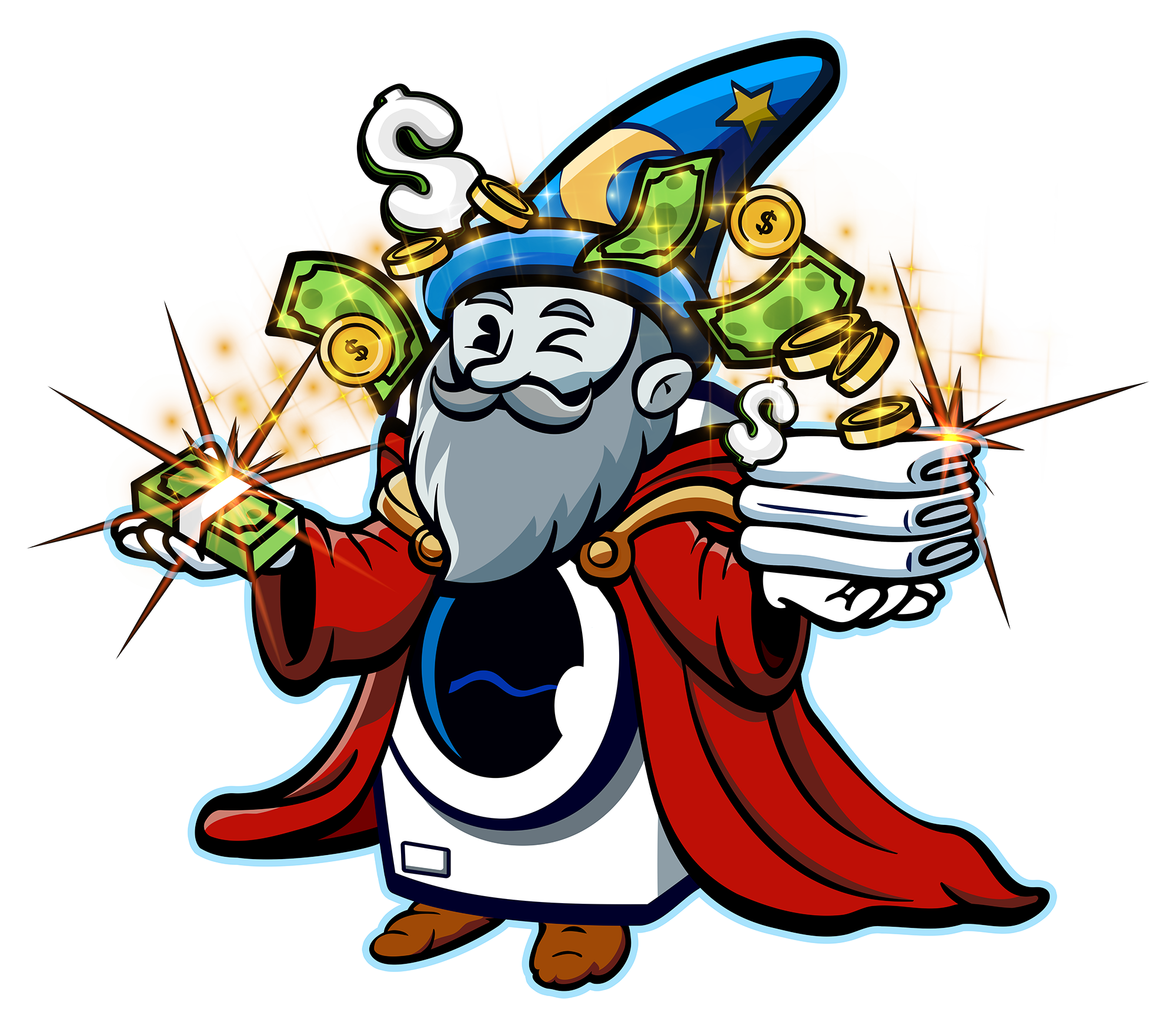Wizard with washing machine body conjures money bills, coins, and stacks of cash with magic.