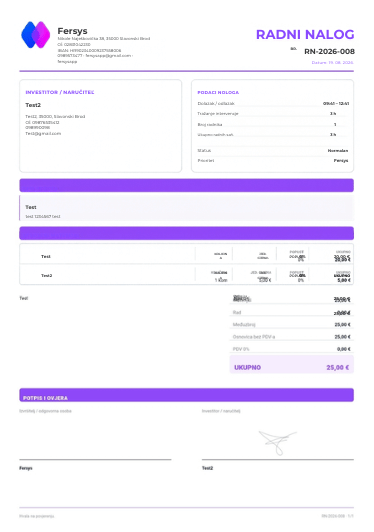 FERSYS digitalni radni nalog s kupcem, materijalom i PDF pregledom