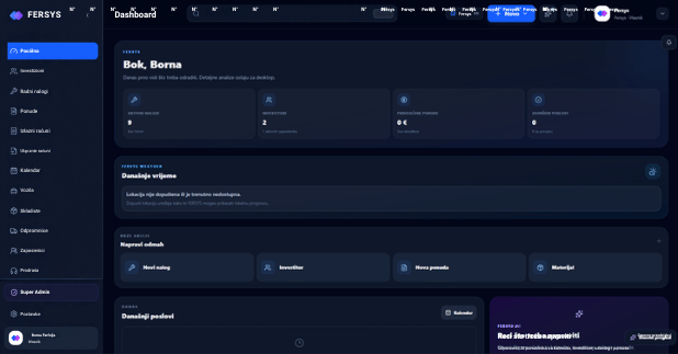 FERSYS poslovna aplikacija – dashboard s radnim nalozima, investitorima i ponudama