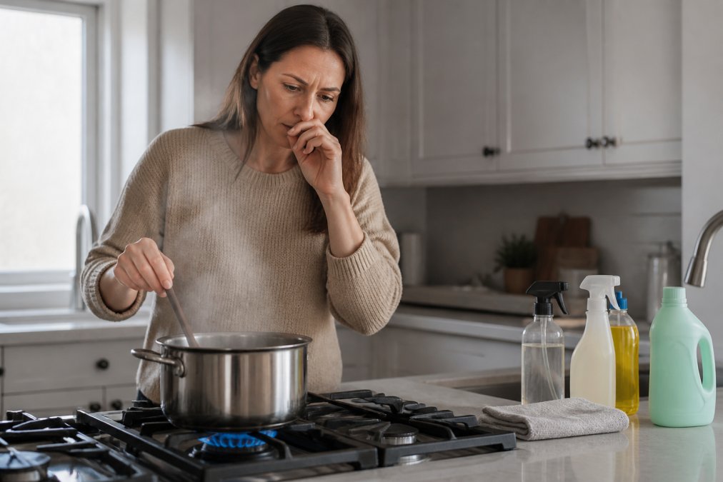 A homeowner in a modern kitchen looking concerned while cooking on a gas stove, with visible steam rising, cabinets and household cleaning products visible on the counter nearby