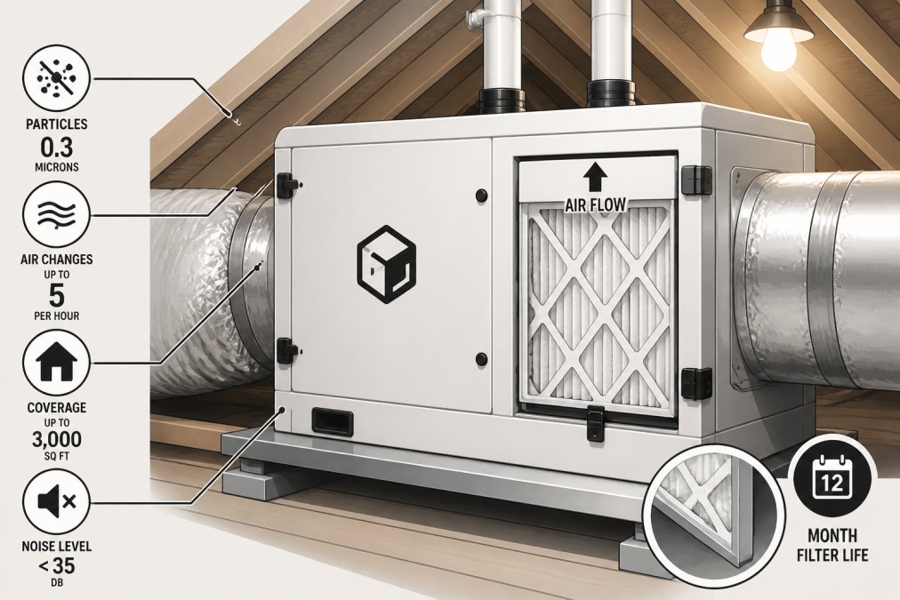 Close-up of a clean white HVAC air handler unit installed in a bright residential attic space, with visible ductwork connections and a fresh filter panel showing a tidy, professional installation with warm overhead lighting