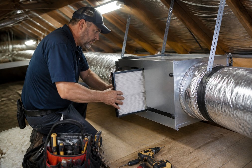 HVAC technician in work uniform carefully installing an in-duct air filtration unit inside a residential attic, with tools and ductwork visible, working under bright overhead lighting with clean insulated ducts running in parallel