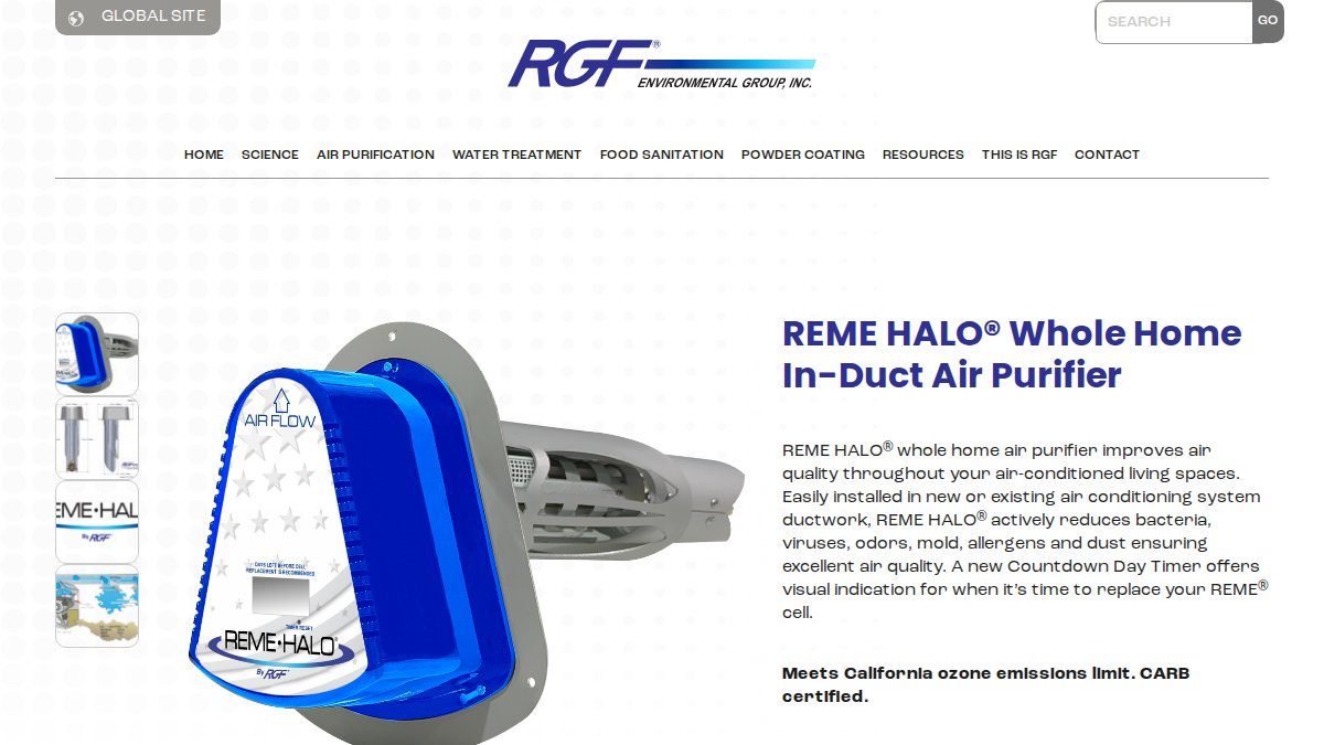Screenshot of Reme Halo Whole Home In Duct Air Purifier page on rgf.com