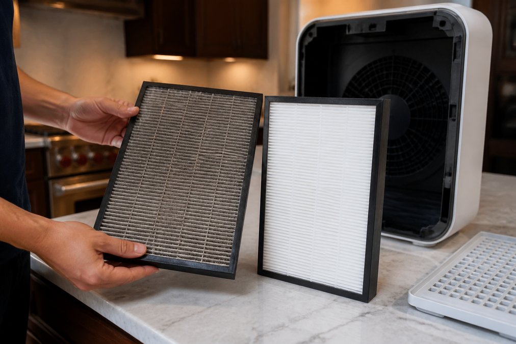 Close-up of a person's hands holding a visibly gray, dust-caked HEPA filter next to a bright white replacement filter on a kitchen counter, with an open air purifier unit visible in the background under warm overhead lighting