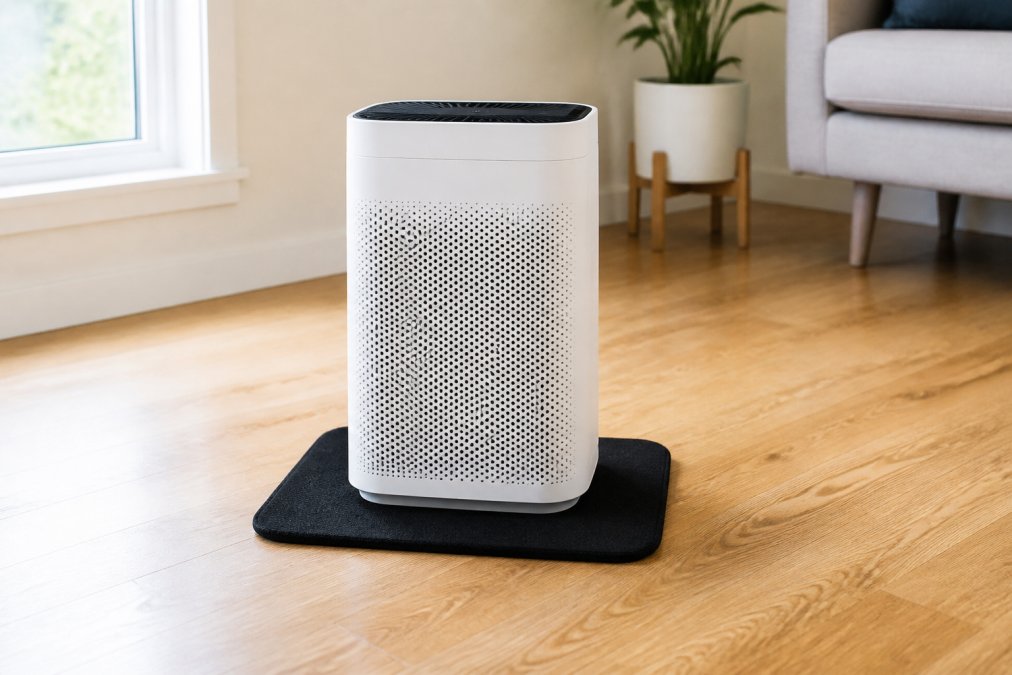 A portable air purifier standing on a small anti-vibration rubber mat on a light hardwood floor in a tidy living room, soft natural light coming through a nearby window, no other objects within two feet of the unit