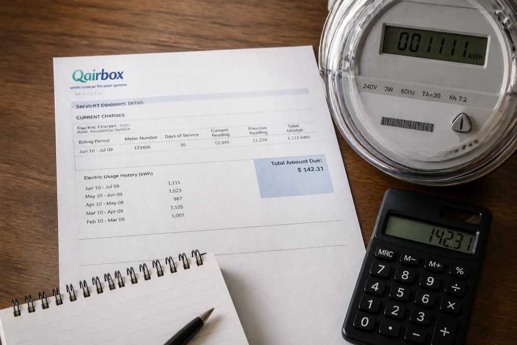 Close-up of a home utility bill and energy meter displayed on a desk with a calculator and notepad, showing monthly electricity consumption and rates in natural office lighting
