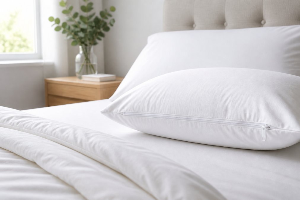 Close-up of fresh white hypoallergenic bedding with allergen-proof encasement pillowcase on a neatly made bed in a bright, minimalist bedroom with natural morning light