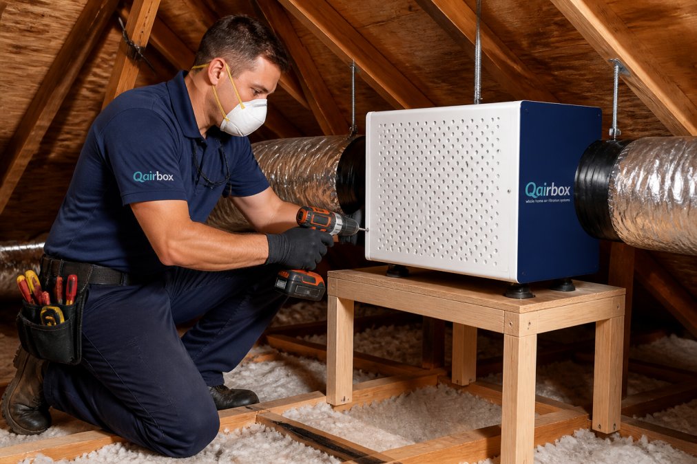 Professional HVAC technician in work uniform carefully installing air purification equipment in an attic space, using proper tools and safety equipment, with visible ductwork and mounting hardware