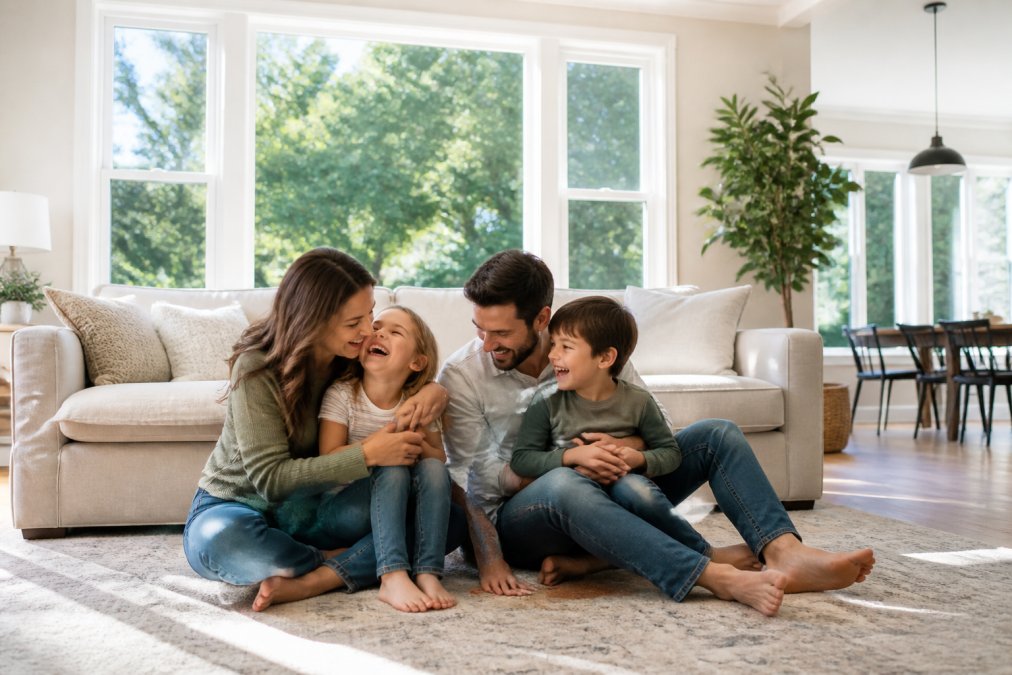 Family with young children relaxing together in a bright, open living room with large windows and clean furnishings, parents and kids appearing comfortable and at ease in a well-maintained home environment