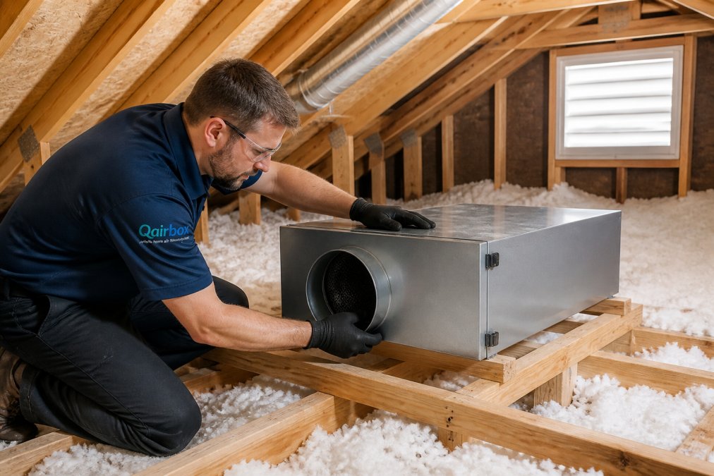 Professional technician installing a standalone whole-home air purification unit in a clean, well-lit attic space with proper ventilation visible