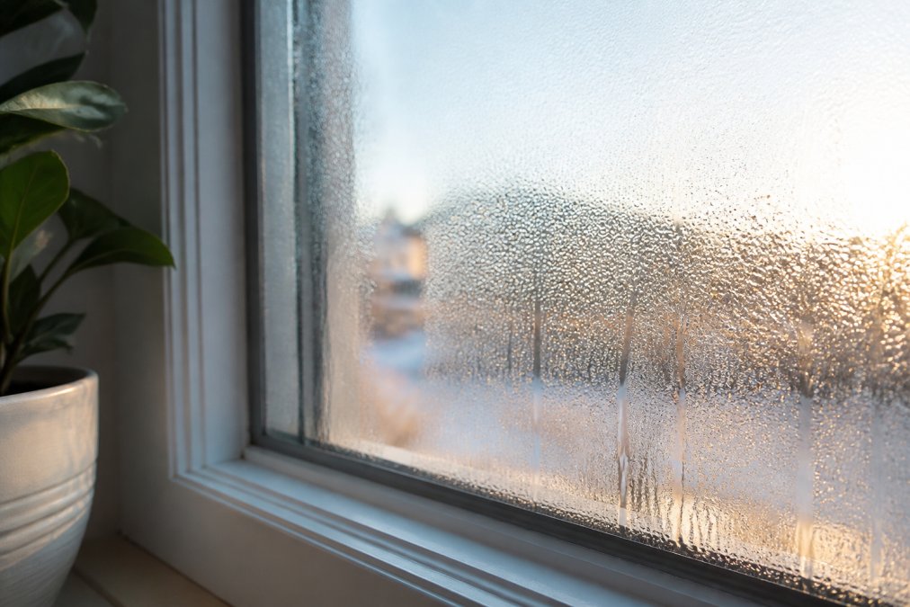 Close-up of condensation beading on a window pane in morning light, showing moisture buildup that indicates poor ventilation in a sealed home