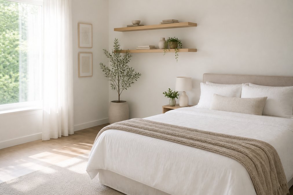 Minimalist bedroom with clean surfaces and clear shelves to help reduce dust allergens in a bright space.