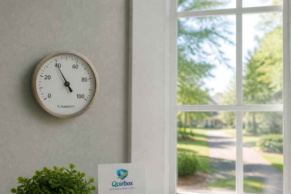 Hygrometer showing optimal 40-50 percent humidity indoor air quality on a sunlit home wall