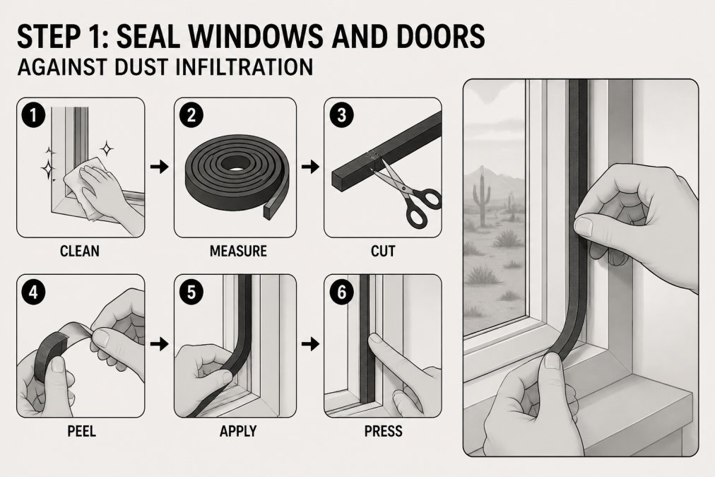 Close-up of weatherstripping being carefully applied to a window frame, with hands positioning foam or rubber seal strips along the edges, showing the installation process in natural daylight