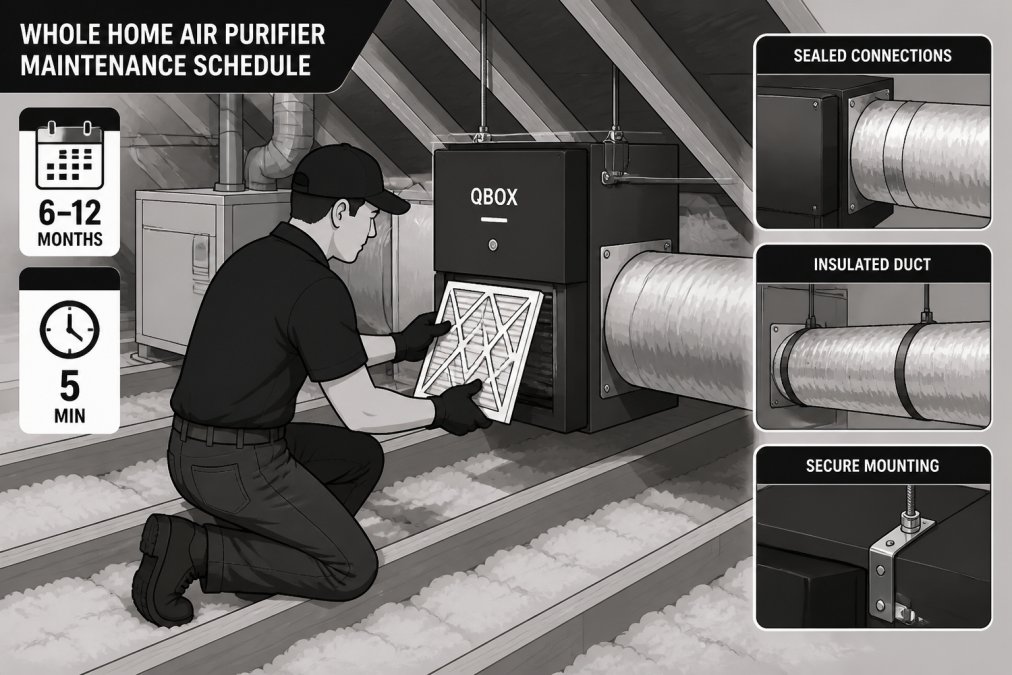 Homeowner in attic replacing a filter in a whole home air purification unit mounted near furnace, showing the professional installation setup with proper ductwork sealing