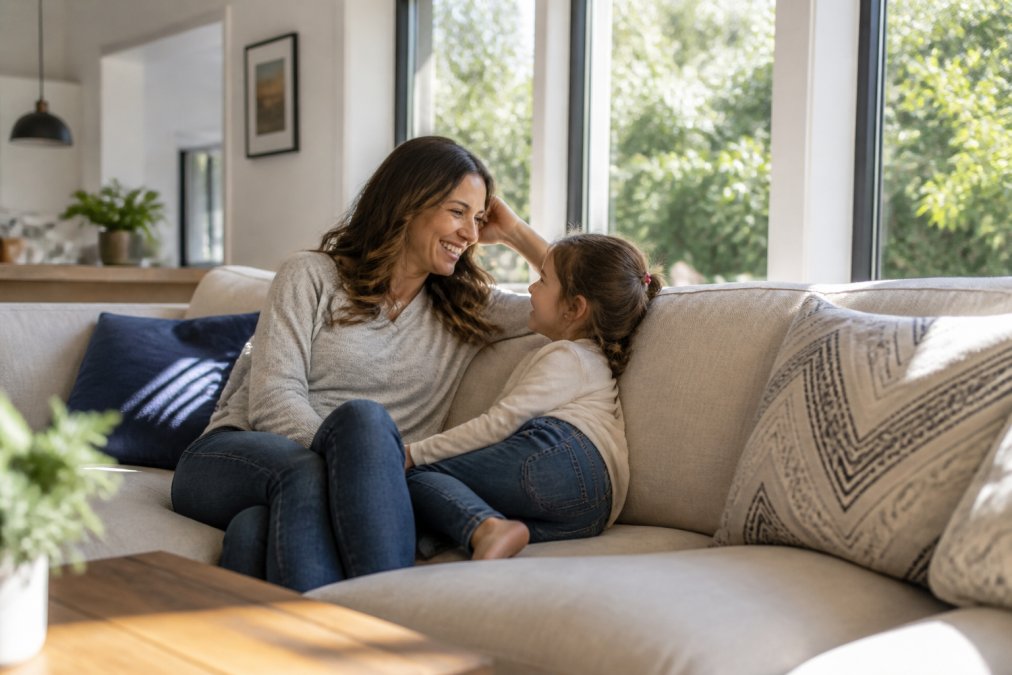 Family in bright, modern living room with natural light streaming through large windows, parent and child playing together on comfortable seating, conveying a clean, healthy home environment