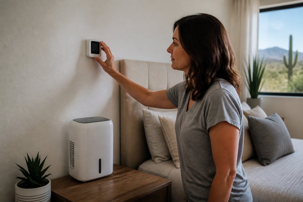 Homeowner checking a digital humidity meter on an interior bedroom wall in a desert home, with a compact dehumidifier unit visible on the nightstand