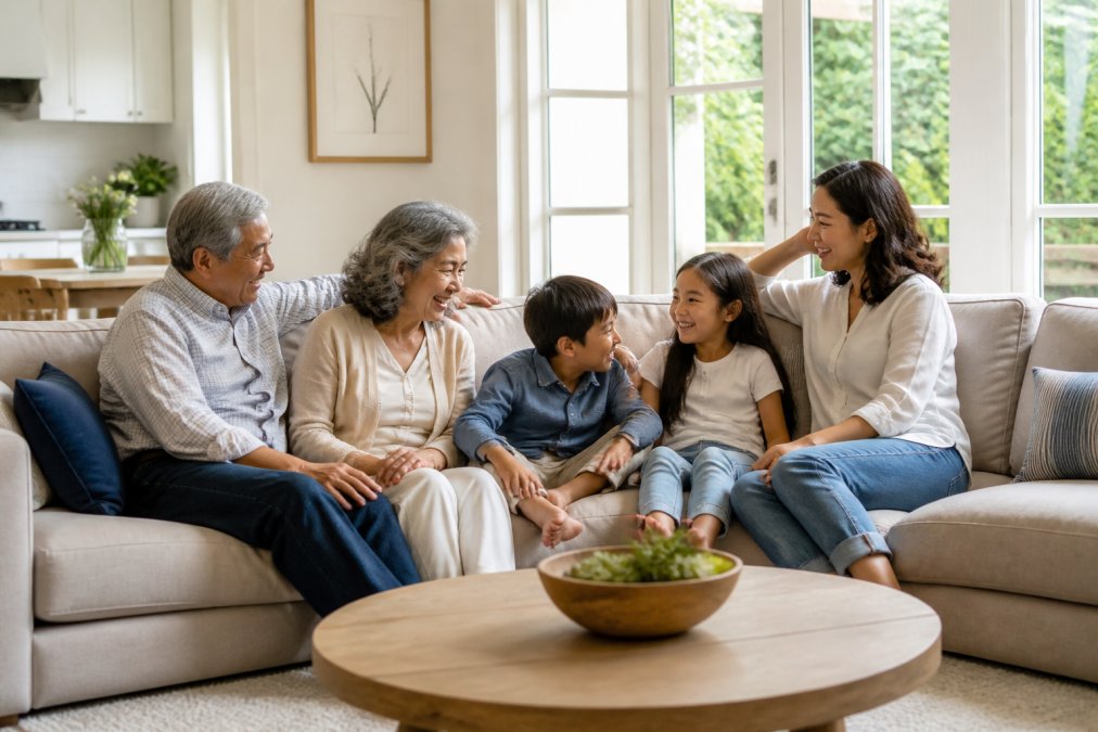Multi-generational family with young children and an older adult relaxing comfortably in a bright, naturally lit living room with large windows, appearing calm and breathing easily in their clean home environment