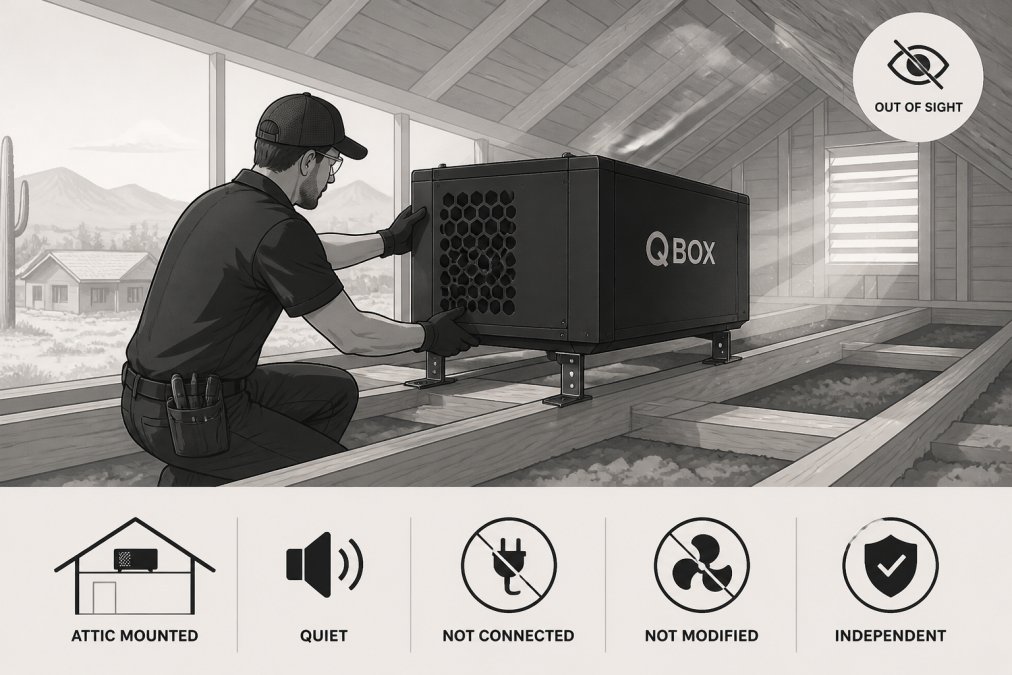 Professional HVAC installer carefully positioning a whole-home air purification unit in a residential attic space, mounting it securely on wooden beams with natural light filtering through ventilation gaps, showing the out-of-sight installation in a dusty desert climate home