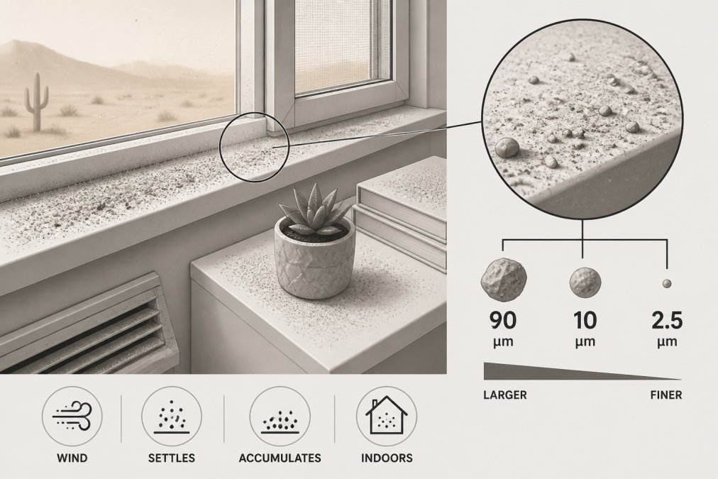 Close-up of fine desert dust and sand particles accumulated on a home window sill and interior surfaces, showing the fine particulate matter that settles indoors in desert climates