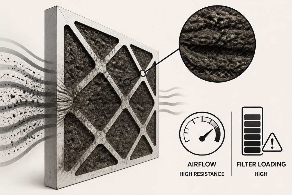 Close-up of a heavily soiled furnace filter showing dark, caked-on dust and particle accumulation creating visible airflow resistance, with stress marks visible on the filter material