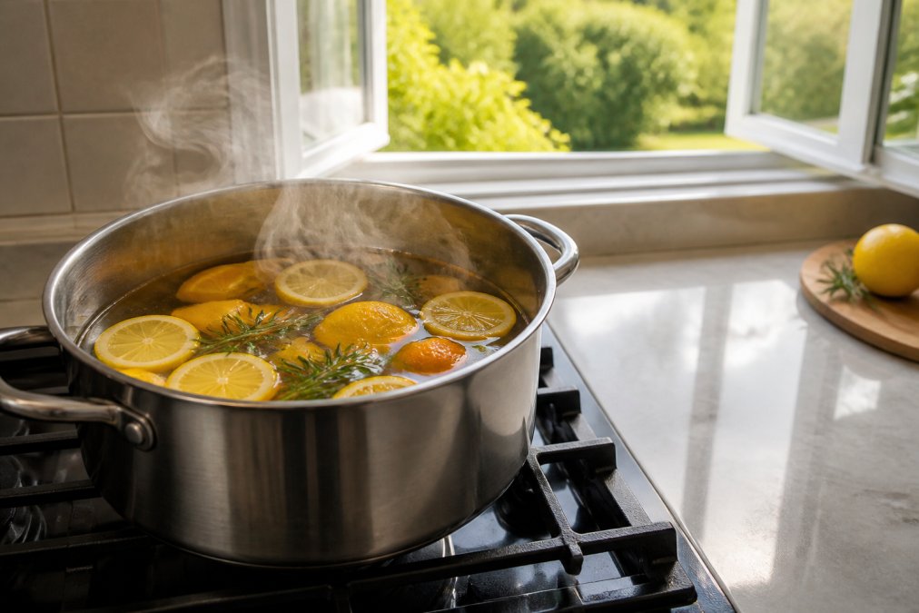 A stainless steel pot simmering on the stovetop with visible steam rising, filled with lemon slices, orange peels, and fresh rosemary sprigs, with a kitchen window open in the background showing natural light and outdoor ventilation