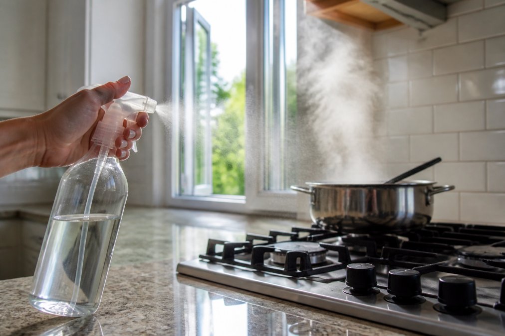 A spray bottle filled with clear white vinegar solution being sprayed in a kitchen near the stove, with cooking steam visible in the background and a window open for ventilation