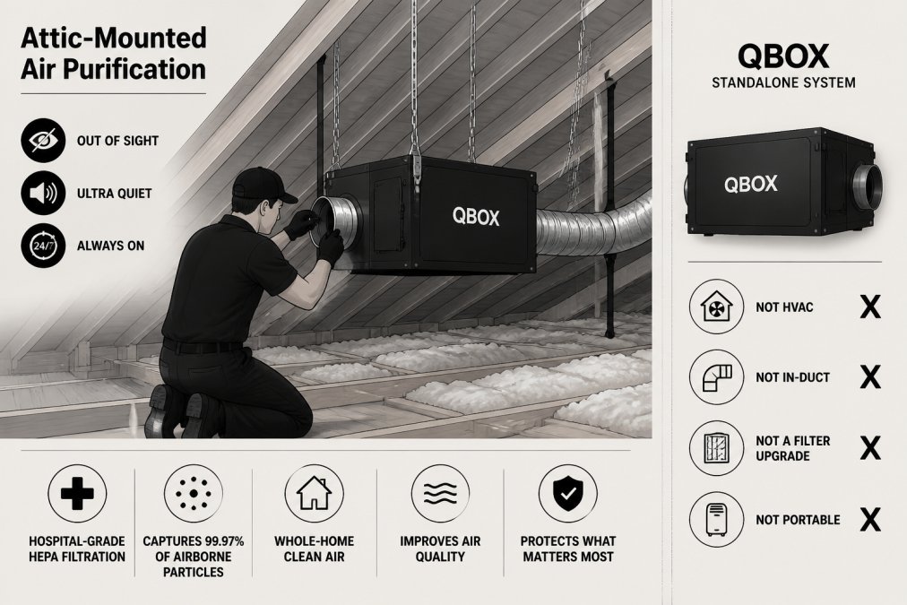 Professional technician installing hospital-grade HEPA filtration equipment in residential attic space, showing clean installation with proper ductwork connections and quiet operation in an unfinished attic environment