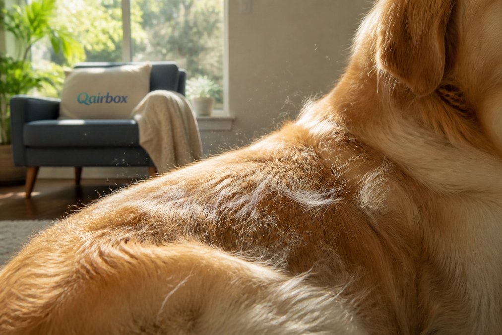Close-up of a golden retriever's fur showing visible shedding and dander particles in natural sunlight streaming through a window, emphasizing the source of allergens in a home
