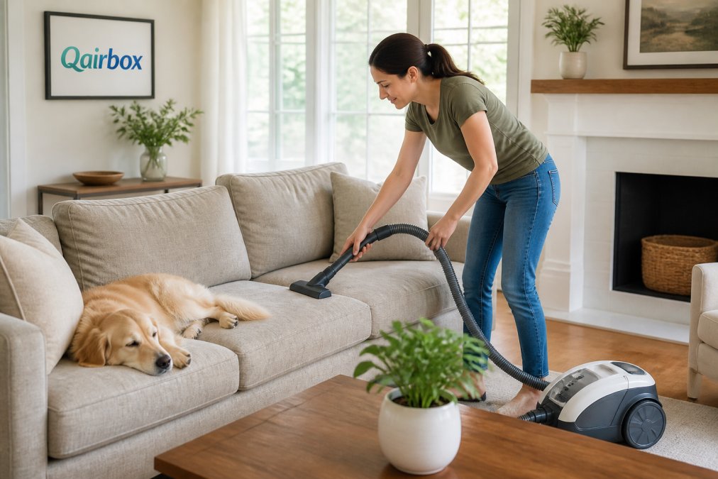 Homeowner using a HEPA-filter vacuum cleaner on upholstered furniture in a bright living room, with a pet resting nearby, demonstrating active allergen removal and maintenance