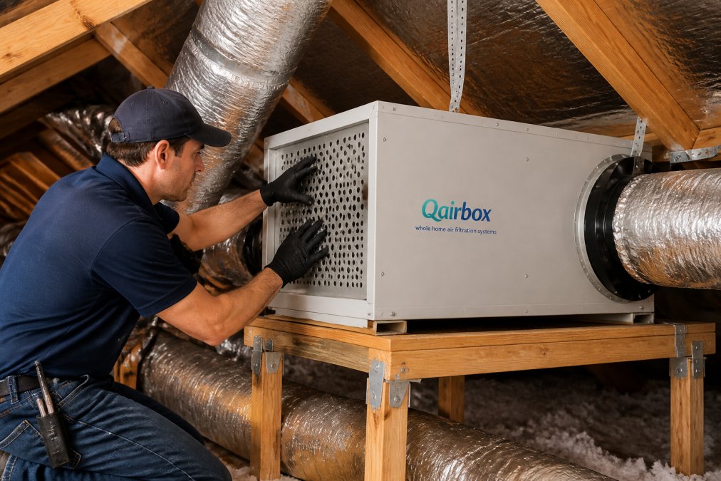 Professional HVAC technician installing a standalone whole-home air purification unit in residential attic space, demonstrating proper installation technique with system mounted independently from existing ductwork