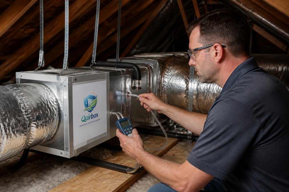 Professional technician measuring static pressure in residential HVAC ductwork with digital gauge, showing airflow components in an attic space with proper lighting