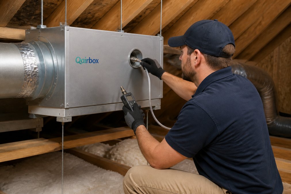 Licensed HVAC technician completing professional installation of attic-mounted air purification system, testing connections and verifying airflow with diagnostic equipment in residential attic space